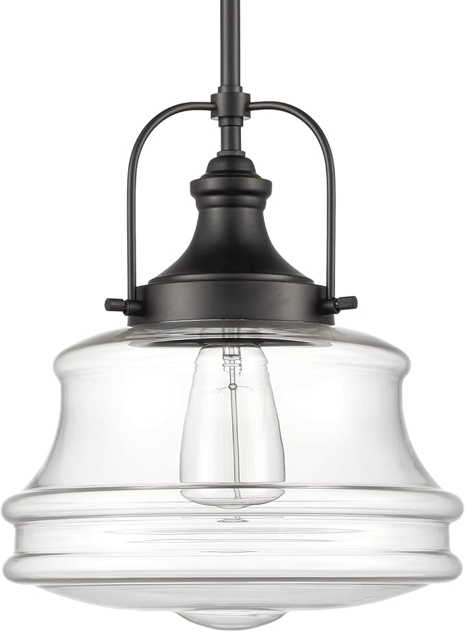 Industrial Black Pendant Light Milk White Glass Schoolhouse Hanging Light Fixture, E26 Dimmable Light for Kitchen Bar Dining Bathroom Bedroom