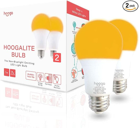 hooga Sleep Light Bulb, Amber Light Bulbs for Sleep Therapy, Blue Light Blocking, 1600K Dim Light Bulbs 7W Equivalent, Mood Soothing Light, E26 A19 Warm Light Bulbs for Bedroom, Nursery, 2 Pack.