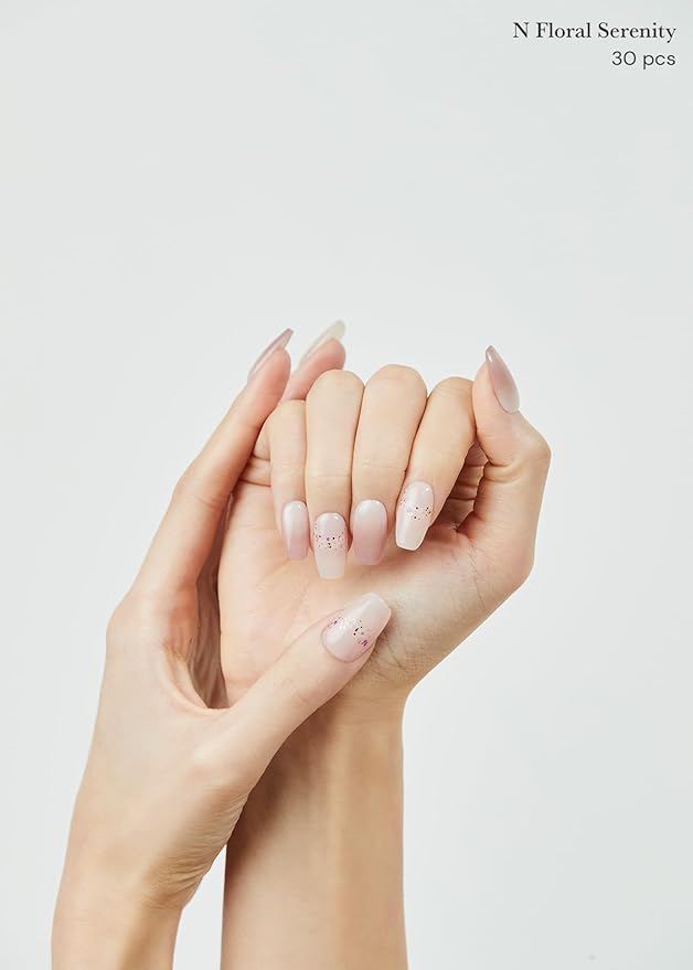 ohora Semi Cured Gel Nail Strips (N Floral Serenity) - Nude, Ombre, Works with Any UV/LED Lamps, Salon-Quality, Long Lasting, Easy to Apply & Remove - Includes 2 Prep Pads, Nail File & Wooden Stick