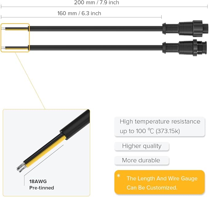 BTF-LIGHTING 3 Pin Electrical Metal nut Connector 18AWG IP67 Male Female Connector 7.87in/20cm Extension Cable for Car,Truck,Boat,Indoor/Outdoor LED Strip Lights/String 22mm Metal Nut Big Size