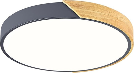 Vikaey Modern LED Ceiling Light, Minimalist Wood Flush Mount Ceiling Light Fixture, 4000K Not Dimmable, Circle Lighting Lamp with Acrylic Lampshade for Bedroom Dining Room Laundry (Grey, 15.8'')