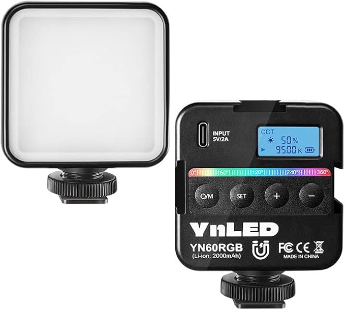 YONGNUO YN60RGB 6W Video Lights, LED Camera Light 360° Full Color Portable Photography Lighting with Cold Shoe, 2000mAh Rechargeable CRI 95+ 2500-9500K Dimmable Panel Lamp Support Magnetic Attraction