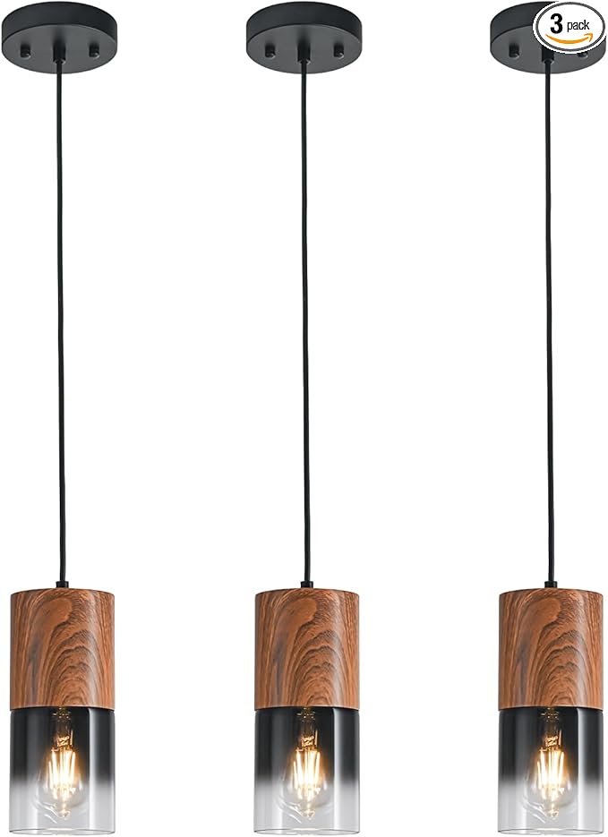 3-Pack Modern Pendant Lights for Kitchen Island, Adjustable Black Pendant Light Fixtures with Brown Wood Grain, Industrial Glass Pendant Lights for Dining Table Hallway Bedroom Living Room
