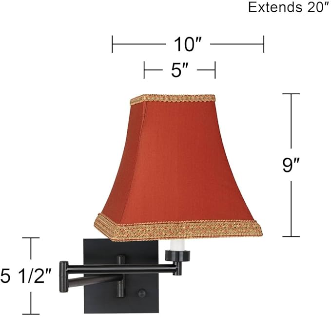 Indoor Swing Arm Wall Mount Lamp Espresso Plug-In Light Fixture Dimmable Gold Trimmed Rust Fabric Square Shade for Bedroom Bedside House Reading Living Room Home Hallway Dining - Barnes and Ivy