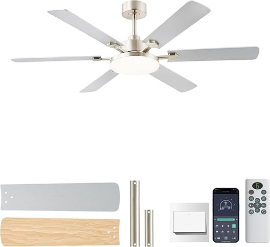 56 Inch Ceiling Fans with Lights, Large Modern Nickel Ceiling Fan with Light and Remote Control, 6 Double Sided Blades, 6 Speed DC Motor, Dimmable LED, Silent Timing, Indoor Outdoor Patio Use
