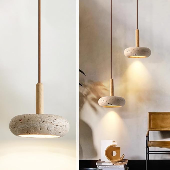 Wabi Sabi Pendant Light, 5.9" Yellow Travertine Pendant Light with Round Natural Stone Shade, Nordic Wood Pendant Lamp for Bedroom Bedside Light Living Room Kitchen Island Entryway Hallway