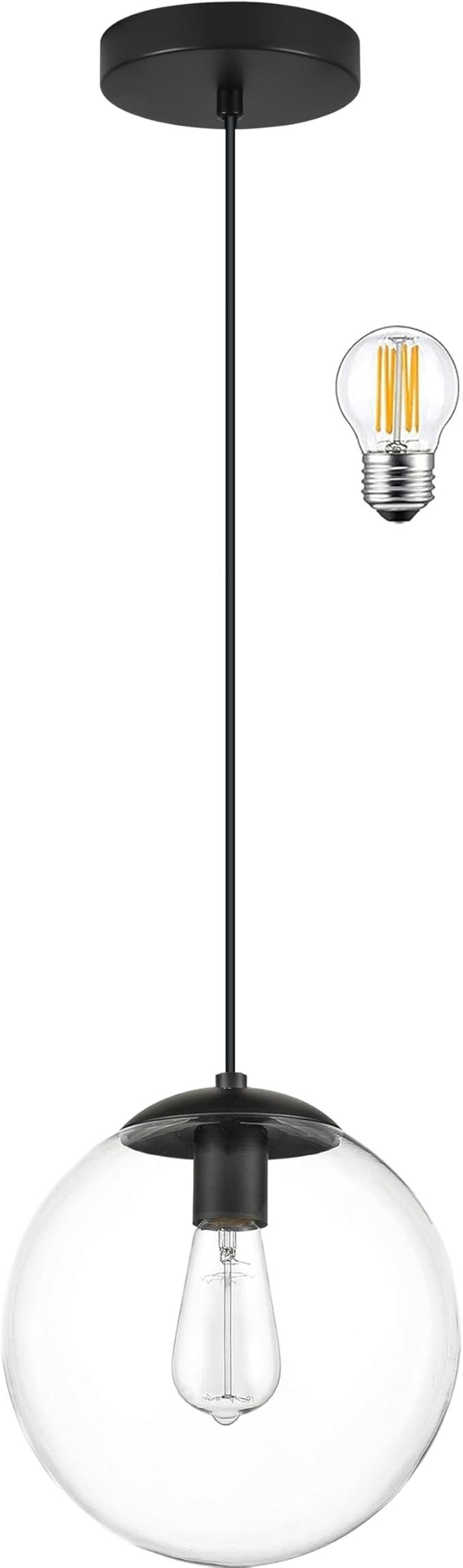 KoKo&Yukina 6-inch mini Modern Globe Pendant Light Clear Glass with Black Finish Contemporary Mid Century Adjustable Hanging Light Fixture for Living Room Bedroom Kitchen Island (Bulb Incl.)