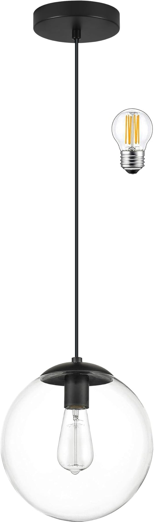 KoKo&Yukina 6-inch mini Modern Globe Pendant Light Clear Glass with Black Finish Contemporary Mid Century Adjustable Hanging Light Fixture for Living Room Bedroom Kitchen Island (Bulb Incl.)