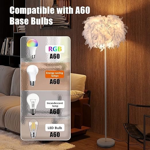 Feather Floor Lamp,59in Simple Modern LED Standing Lamp,White Feather Floor Lamp for Bedroom,Living Room,Dining Room and Office(Bulb not Included)