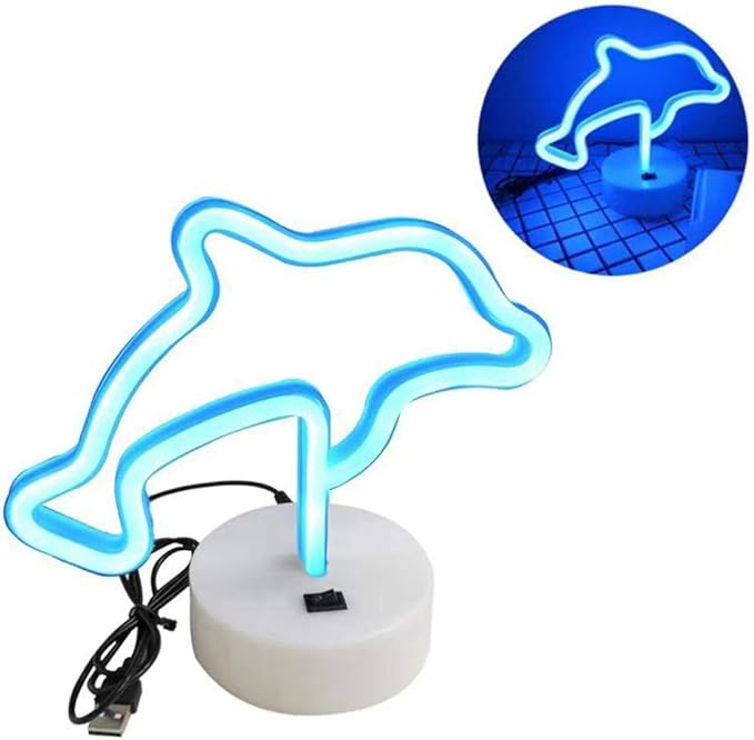 Blue Dolphins Shaped LED Neon Night Signs USB & Battery Powered Neon Light with Base LED Light Signs Light up Birthday Party Kids Room Christmas