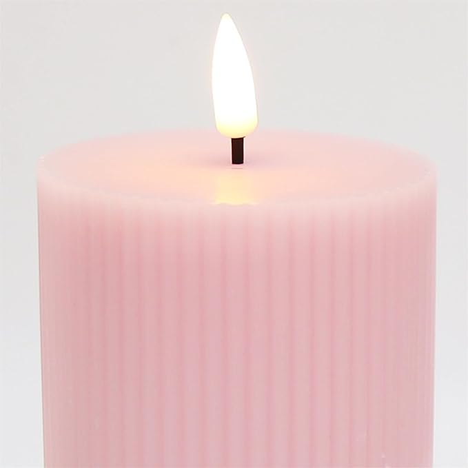 Pink Ribbed Flameless Pillar Candles with Remote, Flat Top Flickering LED Wax Battery Candles Set of 4, Φ 3" H 4" 5" 6" 8"