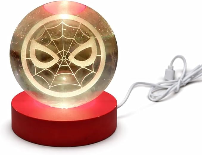 Marvel Spiderman Globe Light Crystal Orb Lamp with Color Changing LED Glow, USB Powered Night Light with Wooden Base, Decorative Ambient Accent Light for Bedroom, Desk, Kids Room Gift