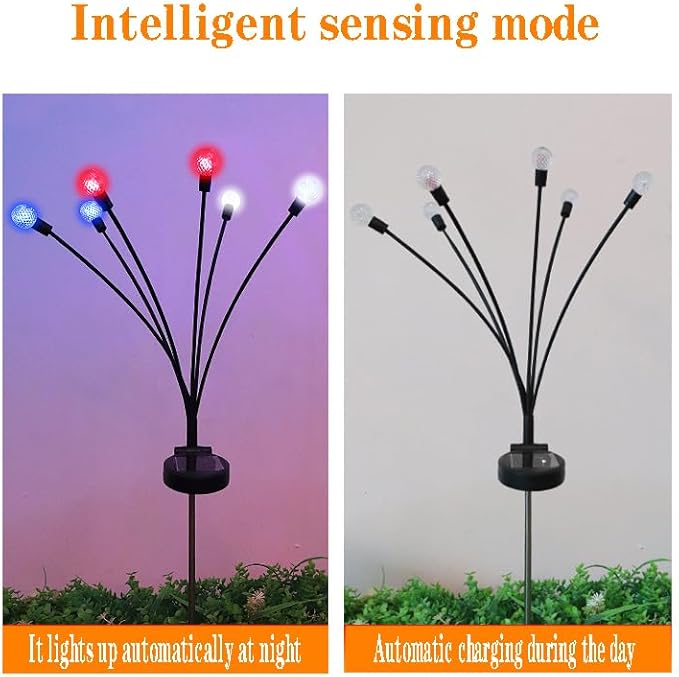 Solar Powered Garden Lights, Red White Blue Firefly Branch Lights, LED Decorative Stake Lights for Outdoor Pathway, Lawn, Patio (Round Ball Style, 4)