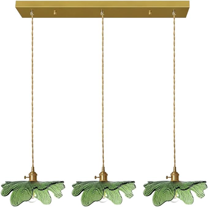 Glass Pendant Lights Kitchen Island Vintage Chandelier Modern Pendant Lighting 3-Light Hand Blown Gold Mid Century Modern Pendant lamp with Green Glass Shade for Dining Room Bedroom