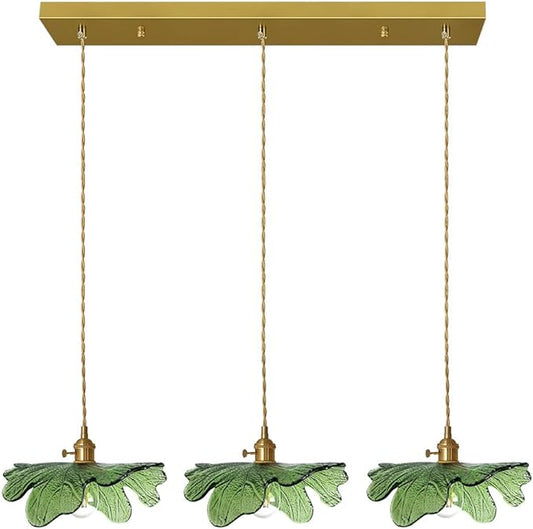 Glass Pendant Lights Kitchen Island Vintage Chandelier Modern Pendant Lighting 3-Light Hand Blown Gold Mid Century Modern Pendant lamp with Green Glass Shade for Dining Room Bedroom
