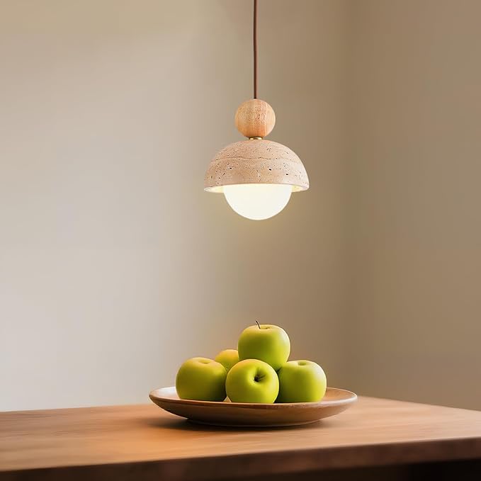 Natural Stone Pendant Light, Wabi Sabi Travertine & Wood Hanging Lamp for Kitchen Island, Hallway, Bedroom, Dining Room Ceiling Decor (G9 Bulb, 5.9 in Stone Round, 1pcs)