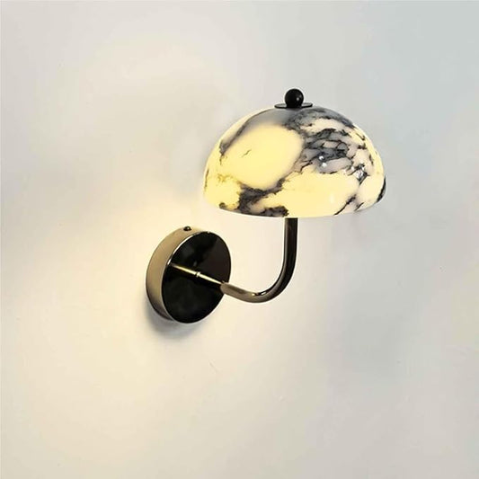 Nordic Marble Wall Sconce Mushroom Shaped Wall Lamp with Textured Design Alabaster Warm Light Fixture with Metal Base Modern Indoor Decor Wall Light for Bedroom Bathroom Living Room Corridor