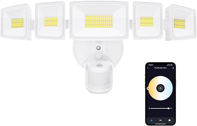Onforu 5 Heads 120W 12000LM Smart LED Security Lights Motion Sensor Outdoor, APP Control 340° Illumination WiFi Alexa Flood Ligh 2700K-6500K Exterior Motion Detector, IP65 Wall Light for Yard, White