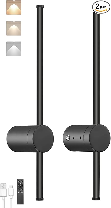 BLUEYE Battery Operated Wall Sconce Set of Two,Remote Control,3CCT,No Flicker,40W Equivalent Picture Light,Aesthetics Decor,Black Aluminum,for Living Room,Hallway,Bedroom,Non-Hardwired,2Packs,24-Inch