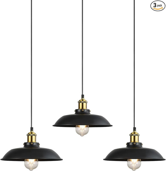 Newrays 3 Pieces Black Pendant Lights E26 E27 Base Black Farmhouse Lampshade for Hanging Light Vintage Metal Shade Fixtures Barn for Kitchen Dining Room Home Bar Foyer