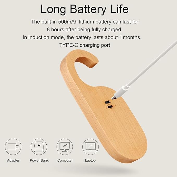 Wooden Message Motion Sensor Night Light with Memo Stickers, Doorknob Board LED Lamp, Rechargeable Doorhandle Hook Design for Bedroom, Bathroom, 2Pack