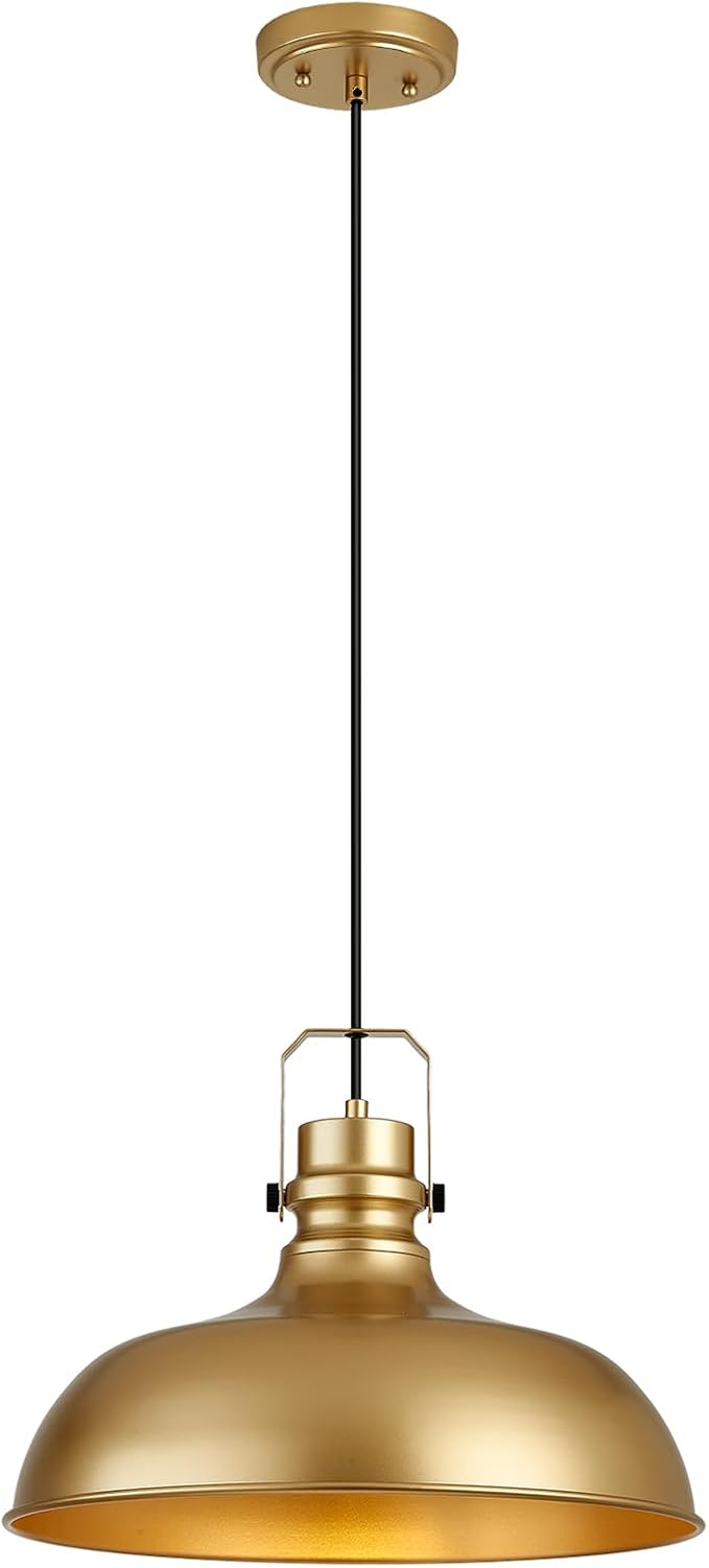 Gold Farmhouse Pendant Lights 16 Inch Matte Pendant Lighting for Kitchen Island Industrial Adjustable Height Vintage Dome Hanging Light Fixtures for Barn, Dining Room 1 Pack