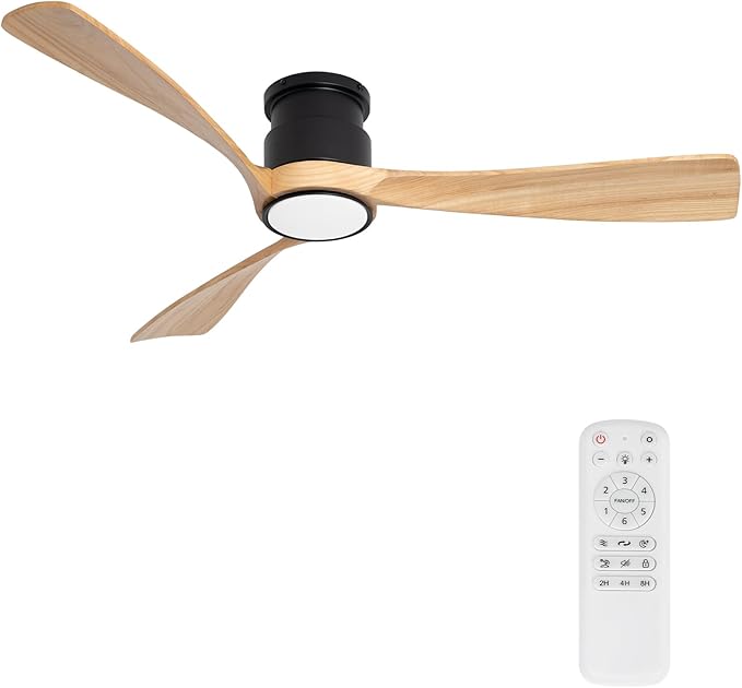 52inch Ceiling Fan with Lights,Wood Flush Mount Ceiling Fans with Remote Control,Dimmable Light,3 CCT,6 Speeds,Noiseless DC Motor,Ceiling Fan for Bedroom,Living Room,Office,Indoor,Natural Wood