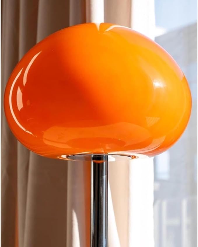 Mid Century Table Lamp, Orange Glass Mushroom Lamp, Dimmable Retro Accent Lamp, 13.5" Sculptural Vintage Style Lighting for Bedside, Shelf, Console, Warm Nostalgic Glow