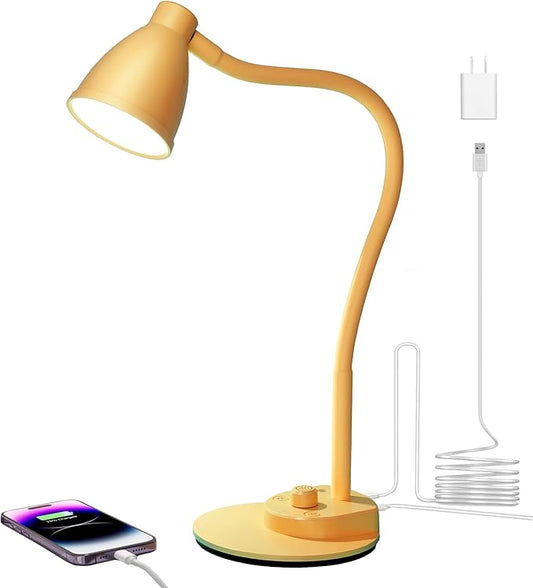 BOHON LED Desk Lamp with USB Charging Port, 3 Color Modes Fully Dimmable Reading Lamp, Auto Dimming Task Lamp, Flexible Neck Table Light for Home Office Dorm Bedside, Bright Yellow
