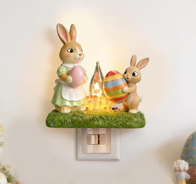 Easter Night Light - Bunny Campfire Plug in Wall, Mother & Baby Rabbit Lamp with Flickering Flame, Handmade Resin Easter Home Decor, Warm Nightlight for Bedroom Nursery or Festive Gift