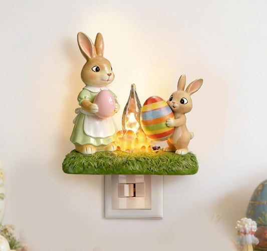 Easter Night Light - Bunny Campfire Plug in Wall, Mother & Baby Rabbit Lamp with Flickering Flame, Handmade Resin Easter Home Decor, Warm Nightlight for Bedroom Nursery or Festive Gift
