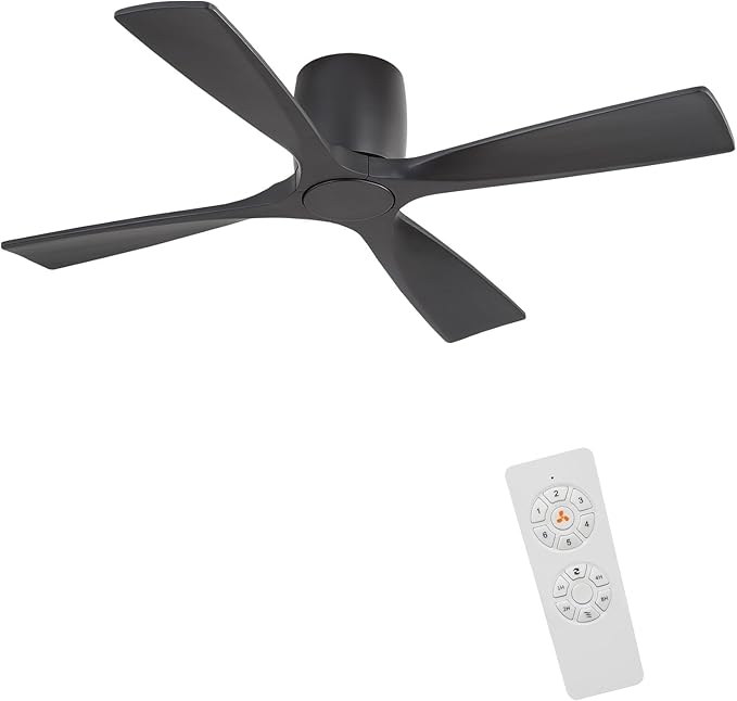WINGBO Ceiling Fan no Light - 48 inch Solid Wood Flush Mount Ceiling Fan with Remote,4 Reversible Blades, 6-Speed Noiseless Powerful DC Motor, ETL Listed，Black