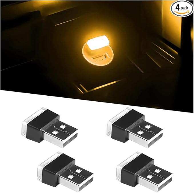 4PCS/Set USB LED Car Interior Atmosphere Lamp, Portable Mini Vehicle LED Night Light, Plug-in USB Interface Automotive Interior Ambient Lighting Kit Accessories, Universal Fit (Yellow)