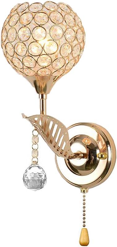 Modern Crystal Wall Light Pendent Lamp Chrome Finish Bedroom Sconce Lighting Fixture with Pull Cord Switch, E14 Socket (Gold)