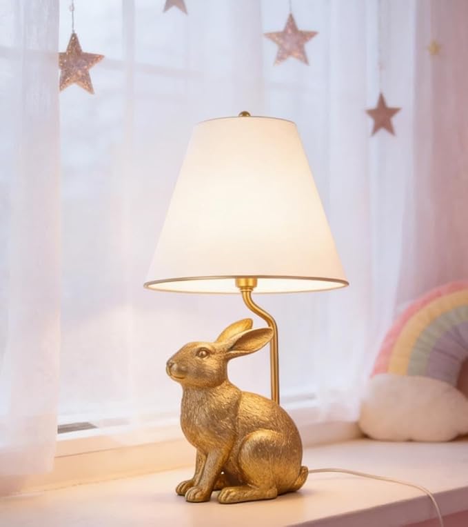 Golden Bunny Table Lamp with Tapered Linen Shade, Gold Finish Rabbit, Easter Decor Collection, Animal Light for Indoors, Bedroom, Study, Kids Room