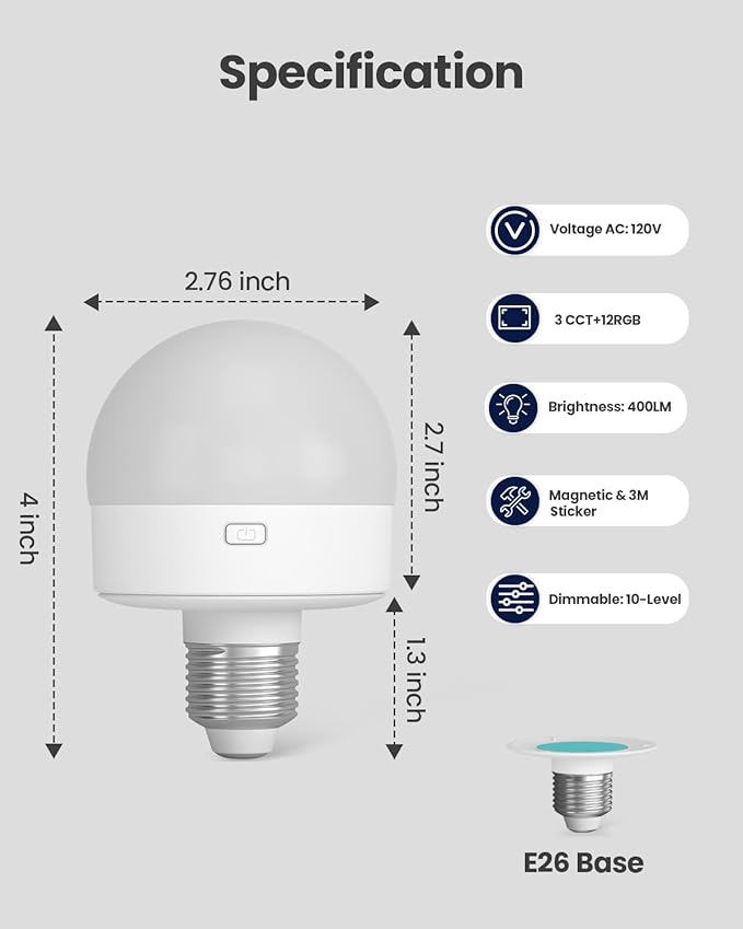 UNILAMP Rechargeable Light Bulbs for Lamps: 3000mAh E26 Battery Operated Bulb with Remote & Timer, 3 Color Temperature+12 RGB Magnetic Dimmable Puck Lights for Sconce, Non-Hardwired 2 Pack
