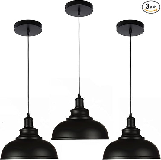 Black Dome Metal Pendant Lights - Hanging Ceiling Fixture for Industrial, Farmhouse Kitchen Island, Dining Room, Foyer (3 pack)