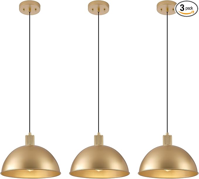 12 Inch Gold Dome Pendant Lights 3 Pack for Kitchen Island, Height Adjustable Farmhouse Industrial Hanging Light Fixtures Over Table for Dining Room, Entryway