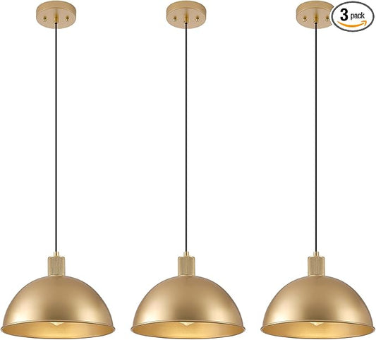 12 Inch Gold Dome Pendant Lights 3 Pack for Kitchen Island, Height Adjustable Farmhouse Industrial Hanging Light Fixtures Over Table for Dining Room, Entryway