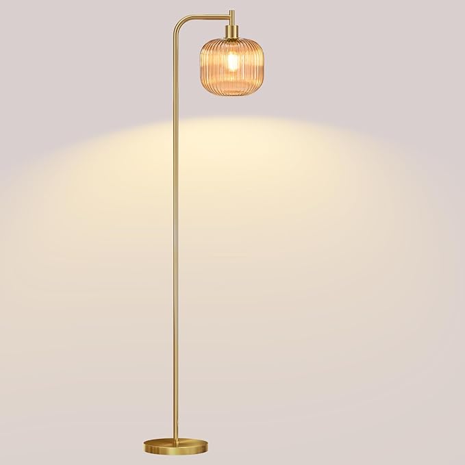 Glass Floor Lamp,67" Modern Standing Lamp with Sunset Grapefruit Glass Lampshade Metal Pole for Living Room, Bedroom, Office - Heavy Base,Pedal Switch (Include Bulb)(Amber)