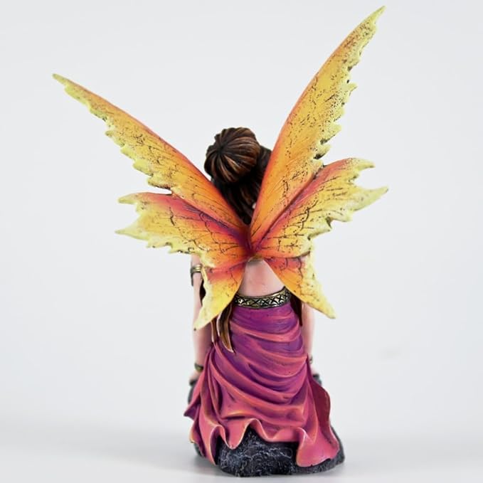 Fantasy Orange-Gold Gradient Wings Fairy Figurine, 6.1 Inch Rock Base Elf Statue, Hand-Painted Resin Decor for Indoor Garden Desk