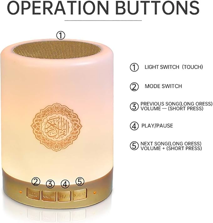 Quran Speaker, Bluetooth Speaker Night Light, Bedside Lamp, Alarm Clock, with Remote & APP Control, Multi-Color Changing, Full Recitations of Famous Imams and Quran Translation (SQ112)