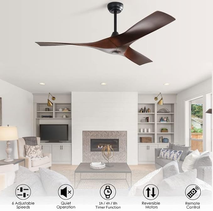 52" Ceiling Fan No Lights with Remote Control,Reversible DC Motor, 3 Walnut Wood blade Ceiling Fans without Lights for Patios Living Room,Matte Black