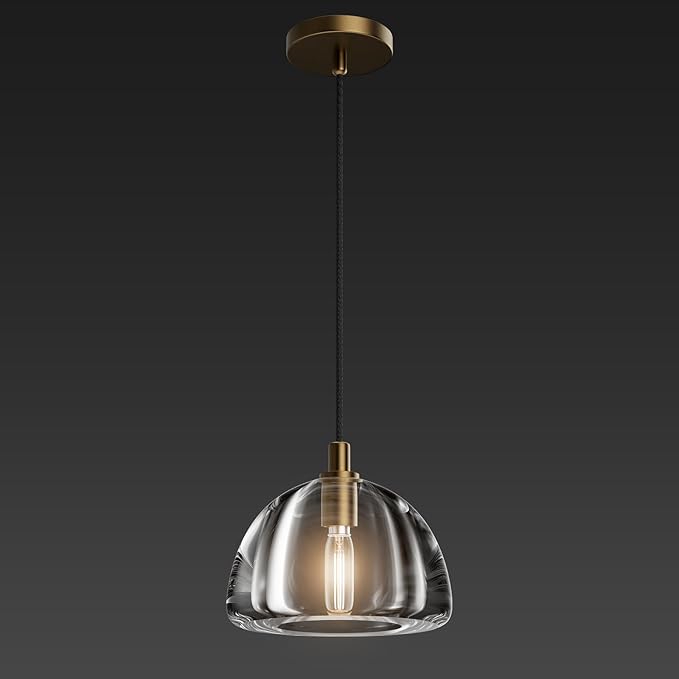 Brass Crystal Hemisphere Pendant Light, Kitchen Pendant Lighting Over Island, Farmhouse Pendant Light for Indoor Kitchen Island Dining Room Living Room Bedroom Bathroom, E12 Bulb Included