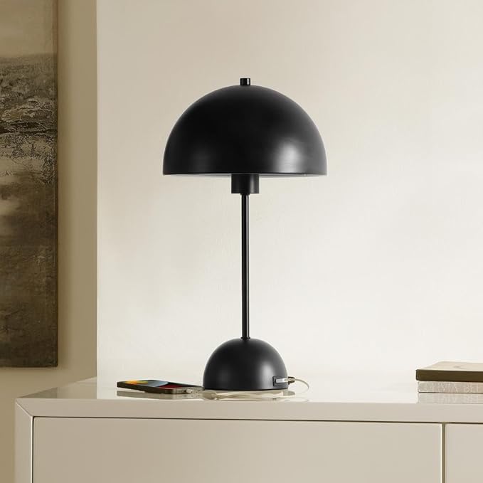 SAFAVIEH Lighting Collection Ixora Black Dome 18-inch Mushroom Table Lamp with USB Charging Port, Ideal for Living Room, Bedroom, Nightstand, Home Office, Dorm (LED Bulb Included)