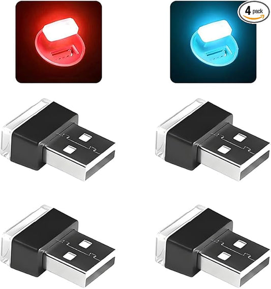4PCS/Set USB LED Car Interior Atmosphere Lamp, Portable Mini Vehicle LED Night Light, Plug-in USB Interface Automotive Interior Ambient Lighting Kit Accessories, Universal Fit (Red+Ice Blue)