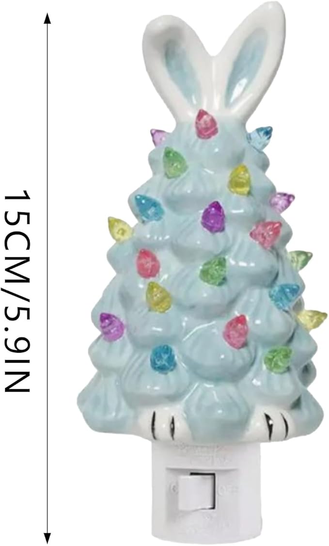 Easter Bunny Tree,Bunny lamp,Glowing Bunny Imitation Ceramic Tree,Resin Bunny Figurine with Colorful Lamp,Light Up Tree with Rabbit Ears,Easter Night Light for Home Decorations (E)