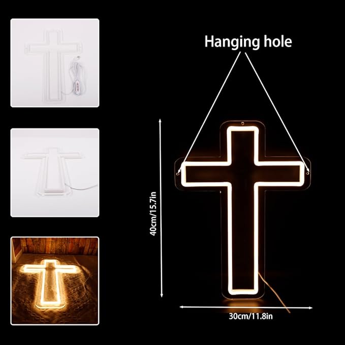 Christ Jesus Cross Neon Sign for Wall Decor USB Powered Dimmable Led Light Up Signs for Bedroom Men Cave Christening Day Baby Shower Decor Xmas Easter Christian Gifts for Religious Kids
