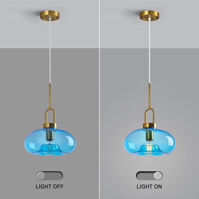 Light Blue Glass Pendant Lights Kitchen Island Gold Pendant Light Fixtures Adjustable Height Modern Pendant Lighting for Bedroom Dining Room (1-Pack)