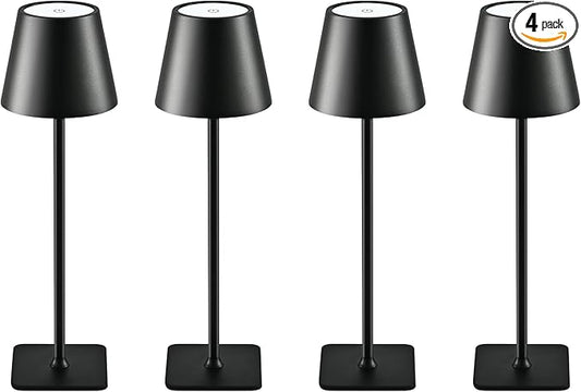 4-Pack Rechargeable Cordless Table Lamps, Battery-Operated Wireless Minimalist Table Lamp, 3 Colors Stepless Dimming LED Adjustable Height Table Lamp for Dining/Bedside/Camping (4, Black)